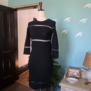 French Connection Black Long-Sleeve Knit Dress with Ladder Stitch Details
